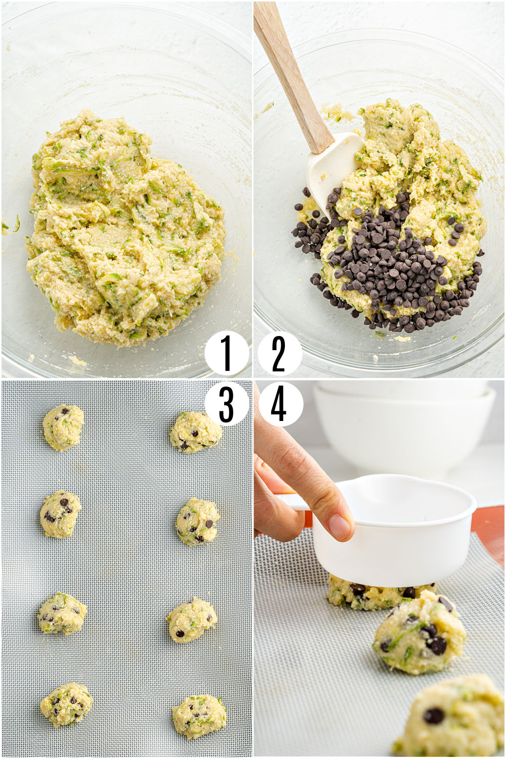 Step by step photos showing how to make zucchini cookies with chocolate chips.
