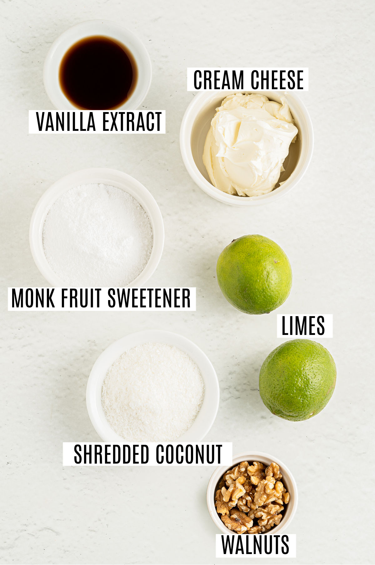 Ingredients needed to make lime coconut energy balls.
