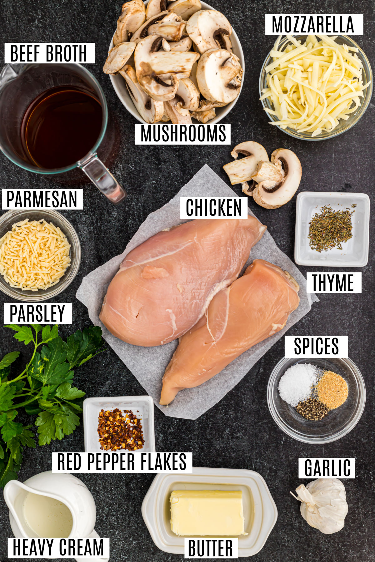 Ingredients needed to make chicken and mushrooms.