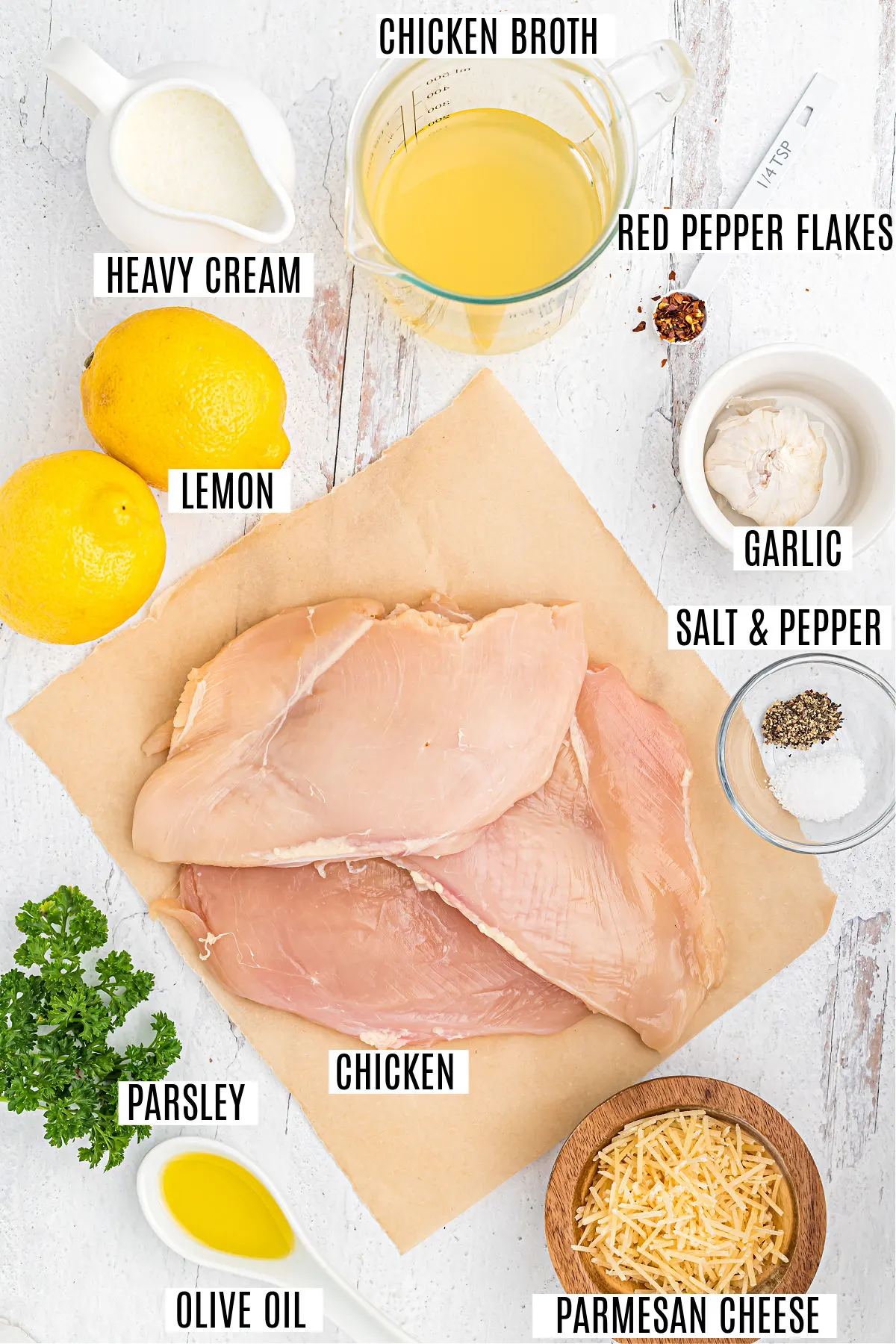 Ingredients needed to make lemon garlic chicken.