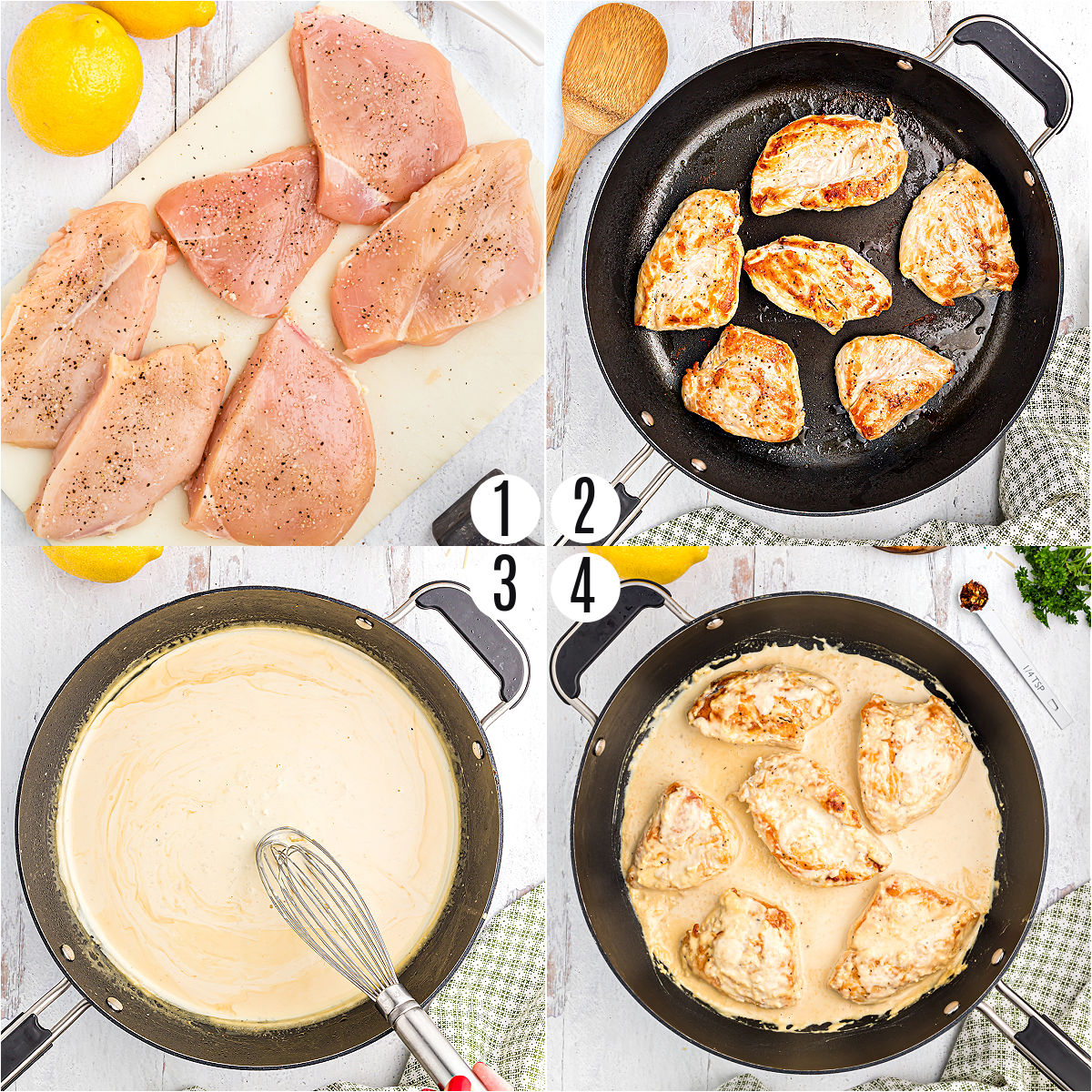 Step by step photos showing how to make lemon garlic chicken.