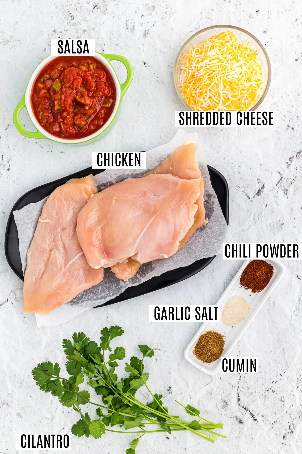 Ingredients needed to make baked salsa chicken.