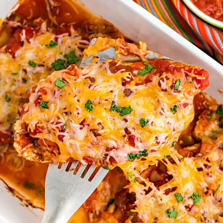 Baked Salsa Chicken is an easy weeknight dinner loaded with spicy, cheesy flavor! Perfectly seasoned chicken, salsa and cheese are baked in one pan for a versatile meal that's ready in no time.