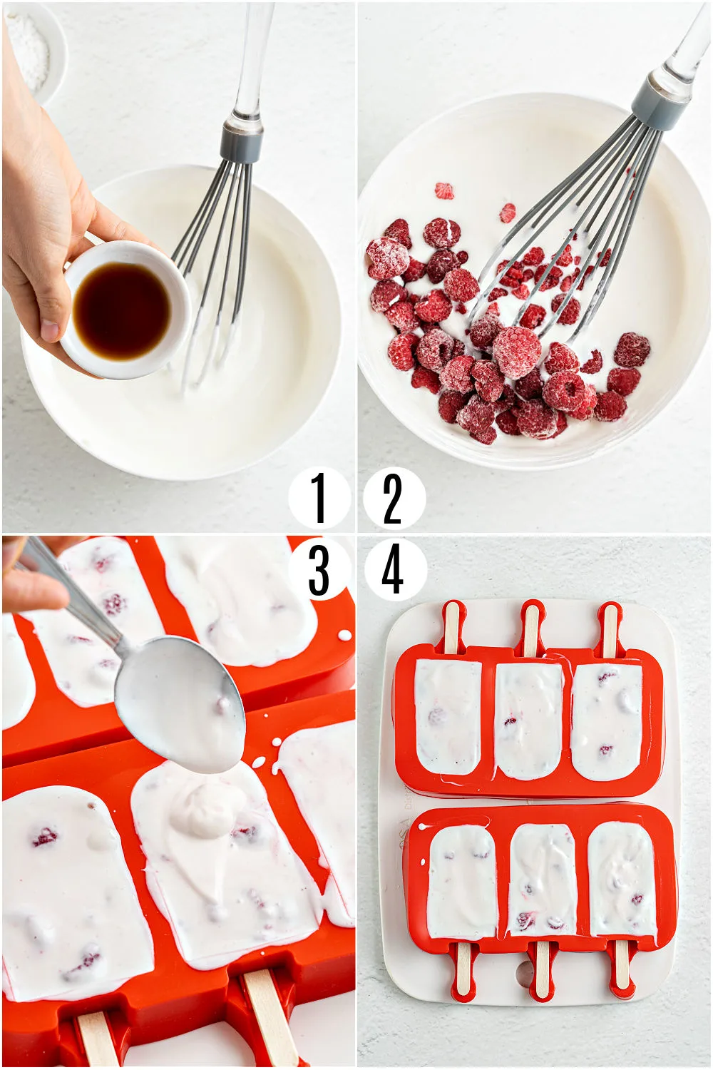 Step by step photos showing how to make yogurt popsicles.