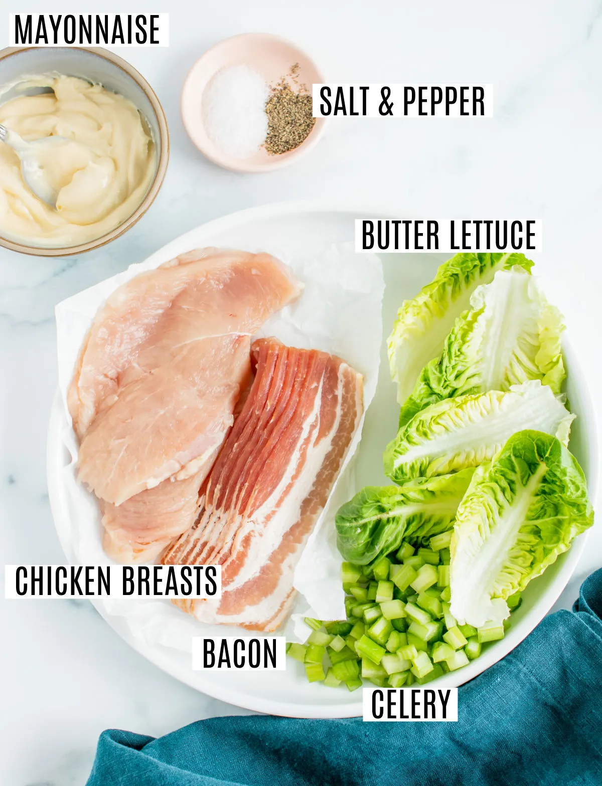 Ingredients needed to make chicken salad.