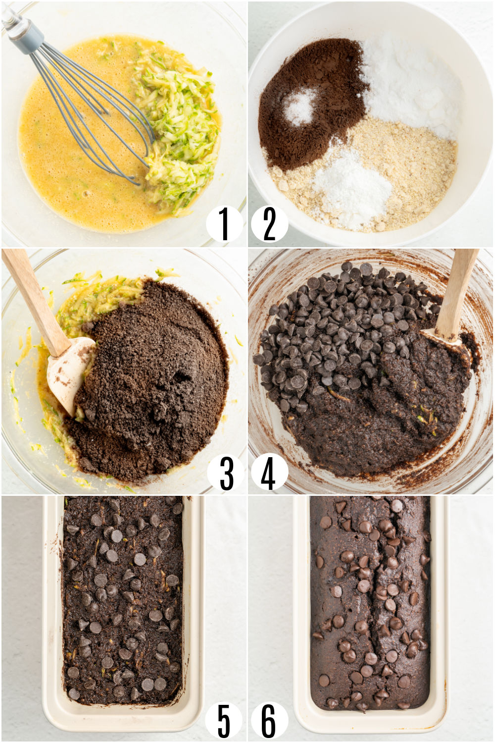 Step by step photos showing how to make sugar free zucchini bread with chocolate.