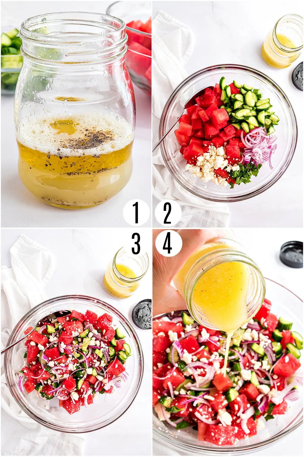 Step by step photos showing how to make watermelon feta salad.