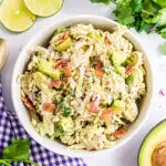 Avocado Chicken Salad is a high protein salad packed with flavor! Bacon, chicken and avocados are tossed with a creamy mayonnaise dressing and the perfect kick of spice for a quick and tasty lunch or dinner.