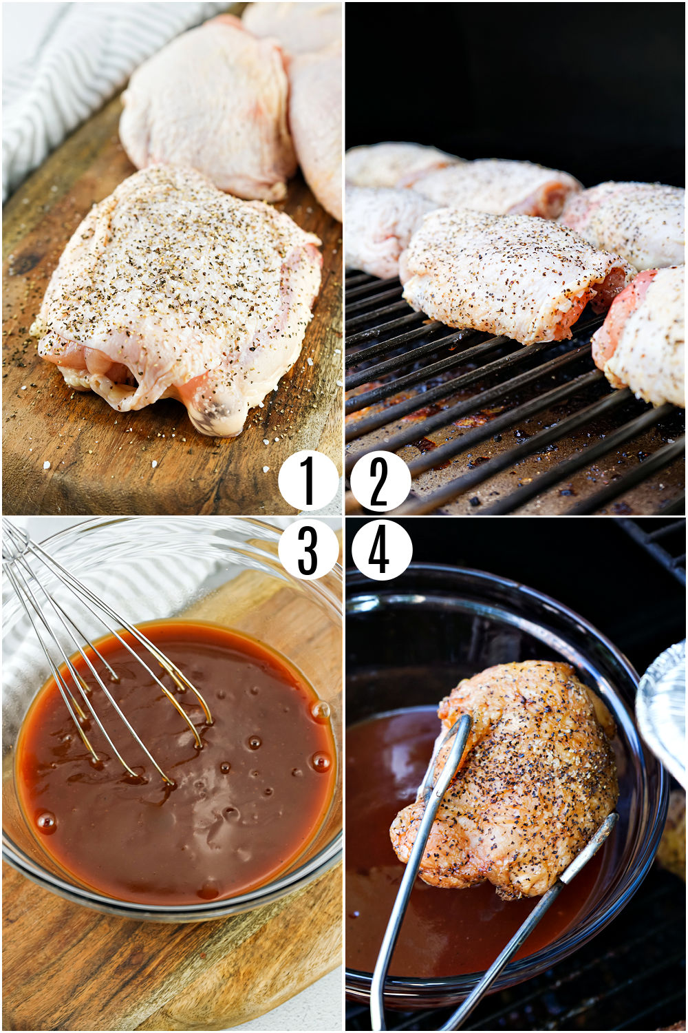 Step by step photos showing how to make bbq chicken thighs on a smoker.