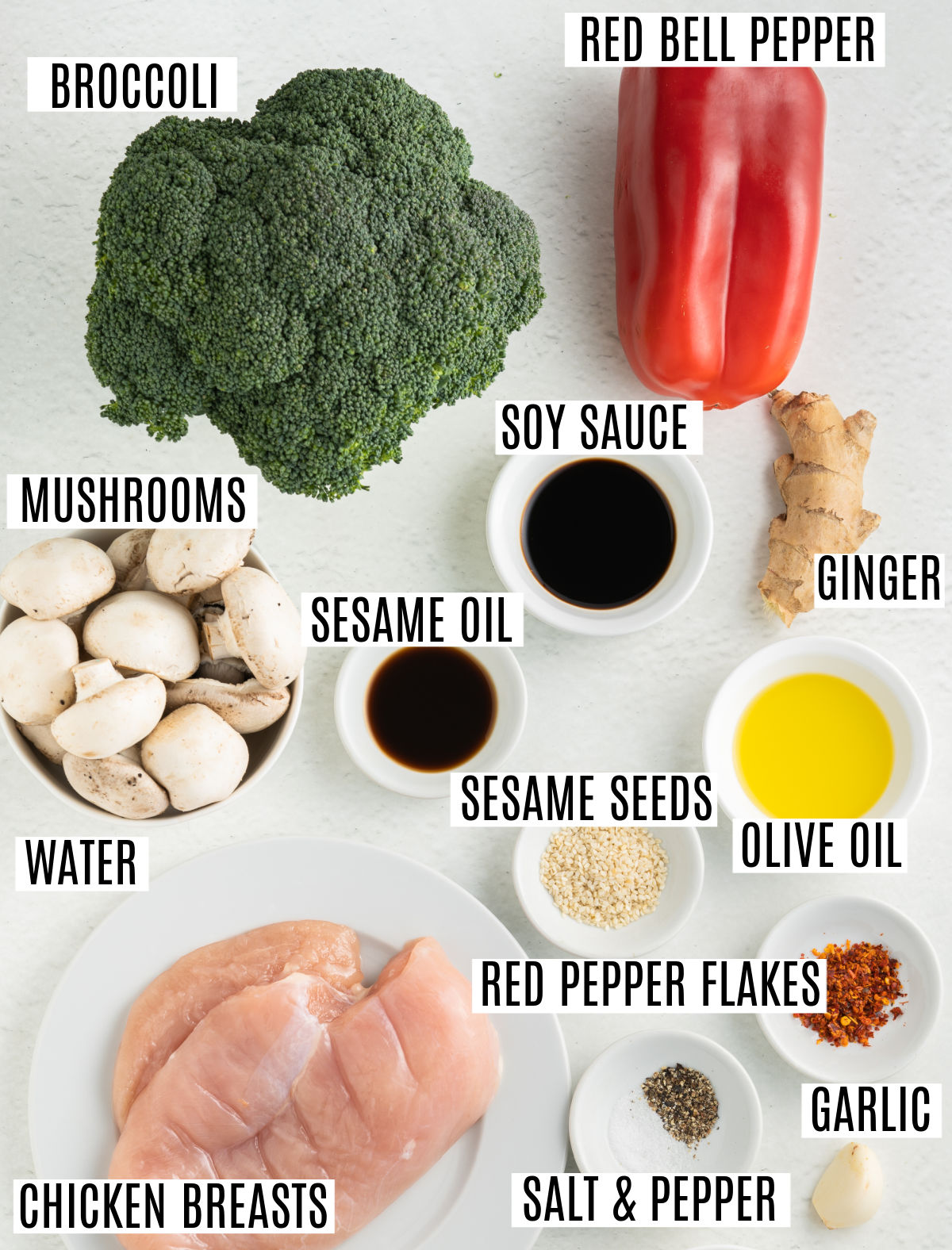 Ingredients needed to make chicken and vegetable stir fry.