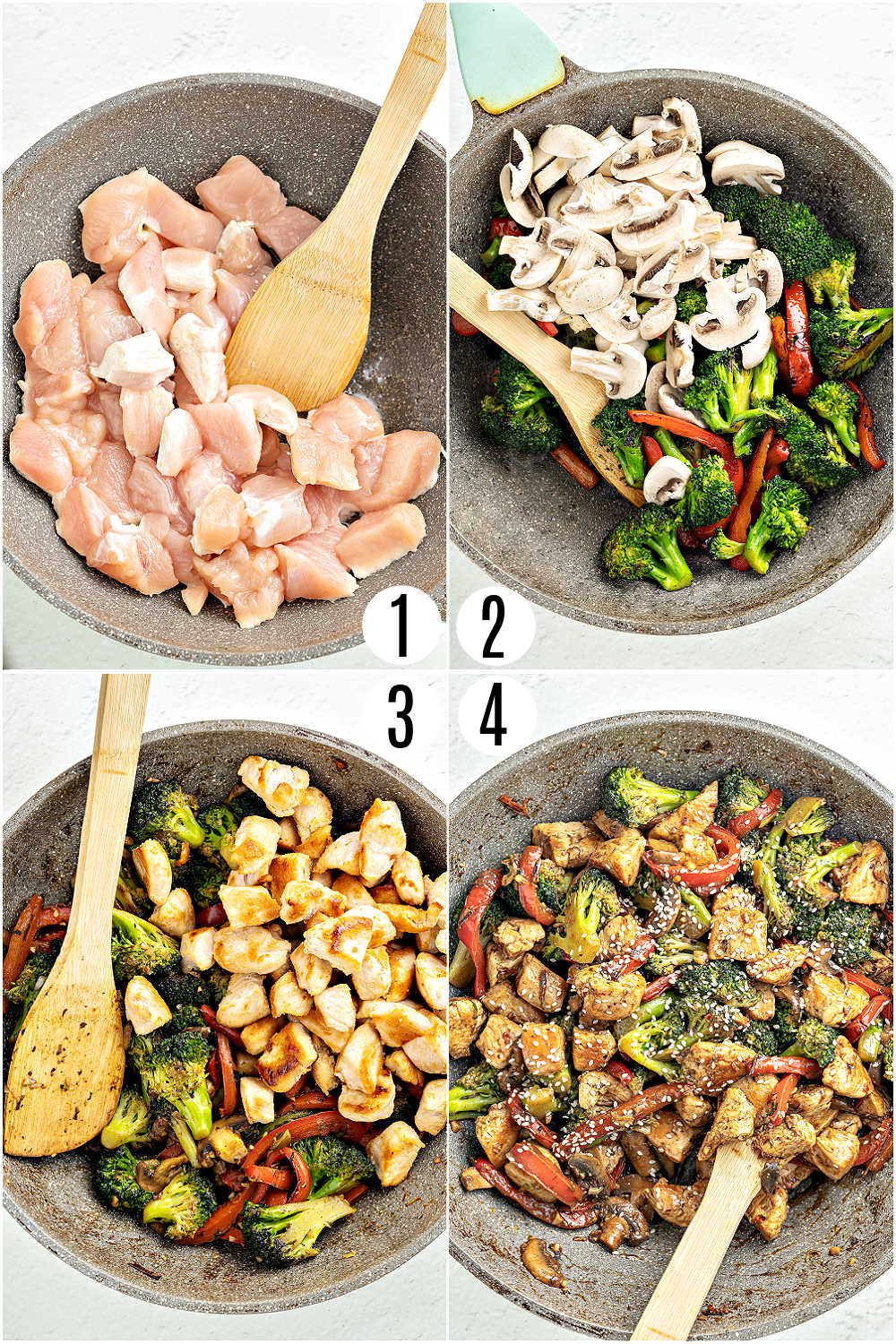 Step by step photos showing how to make chicken stir fry.