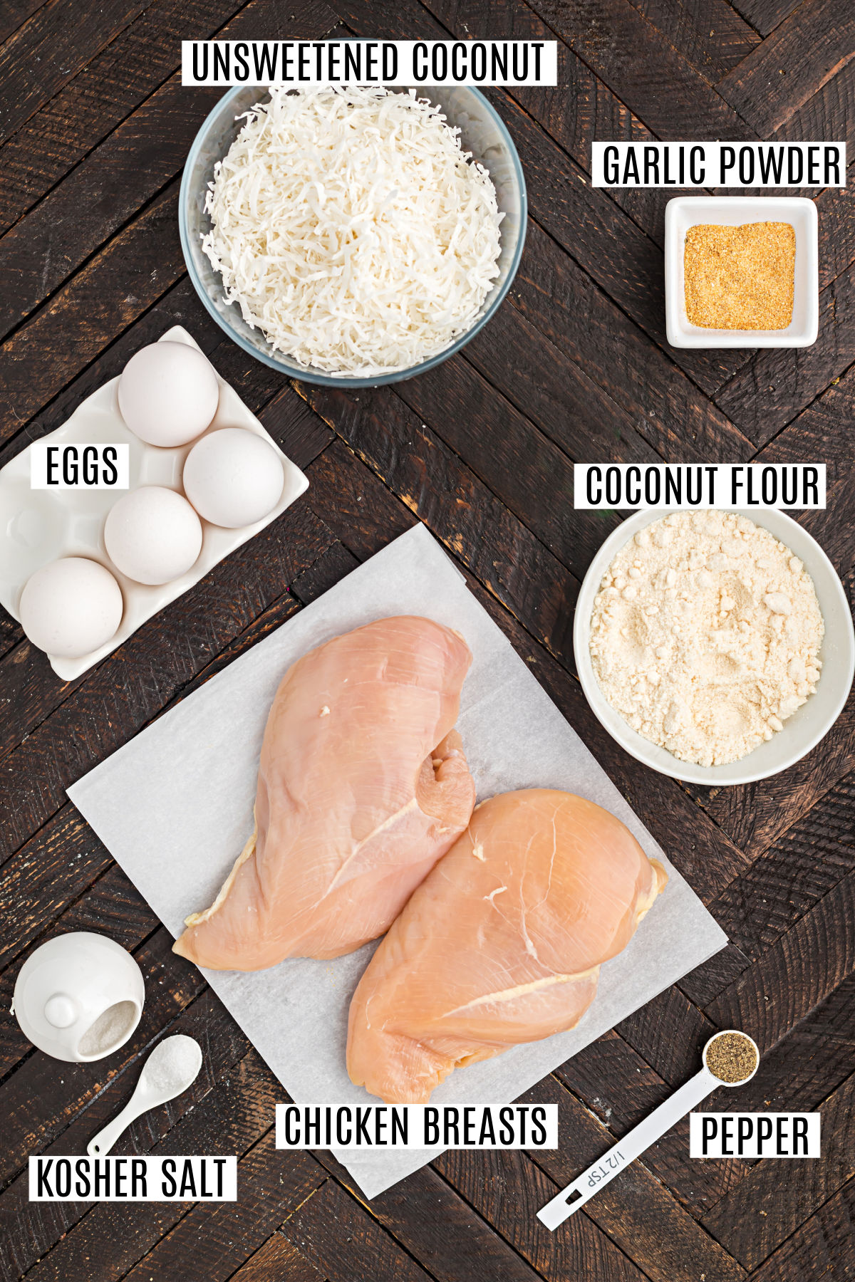 Ingredients needed to make coconut chicken in the oven.