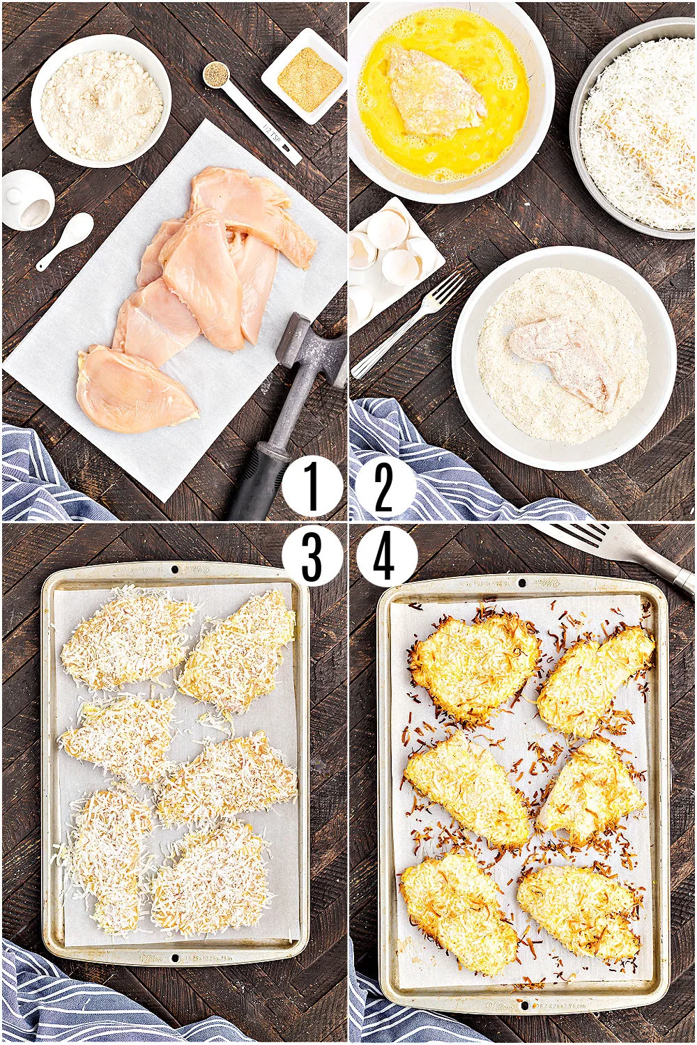 Step by step photos showing how to make oven baked coconut chicken.