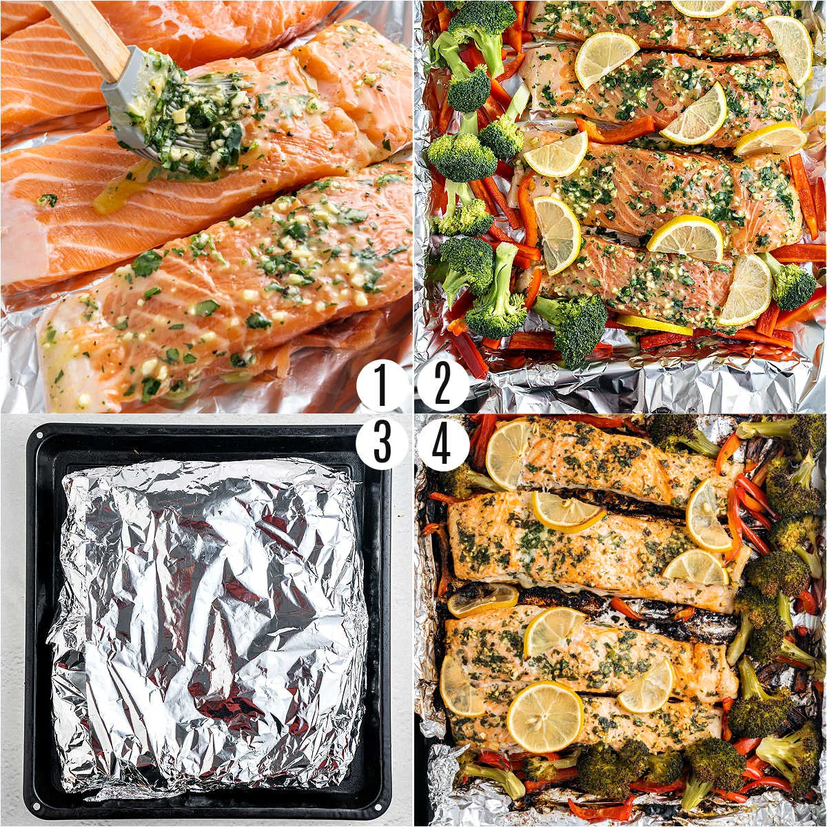 Step by step photos showing how to make sheet pan salmon.