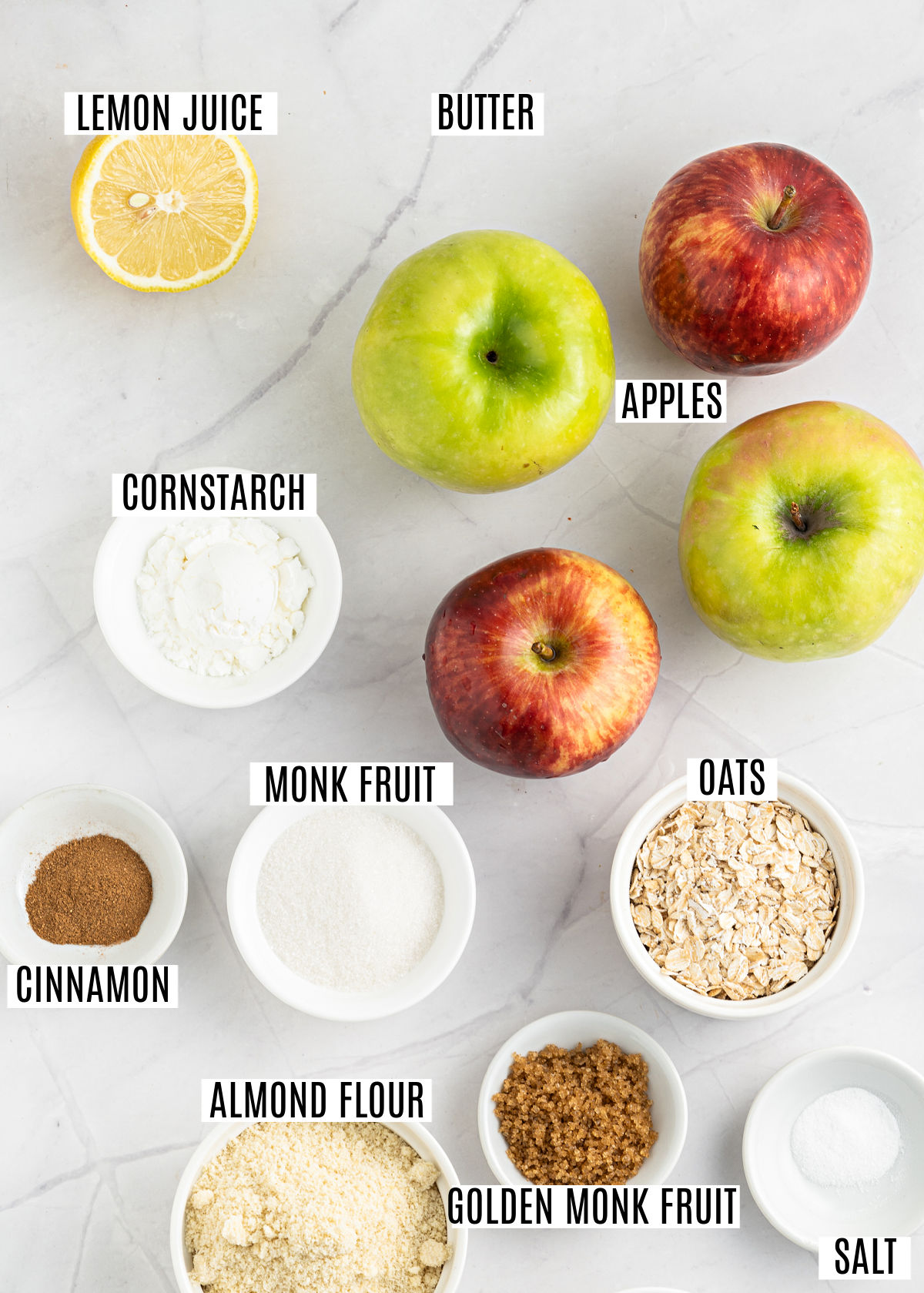 Ingredients needed to make sugar free apple crisp.