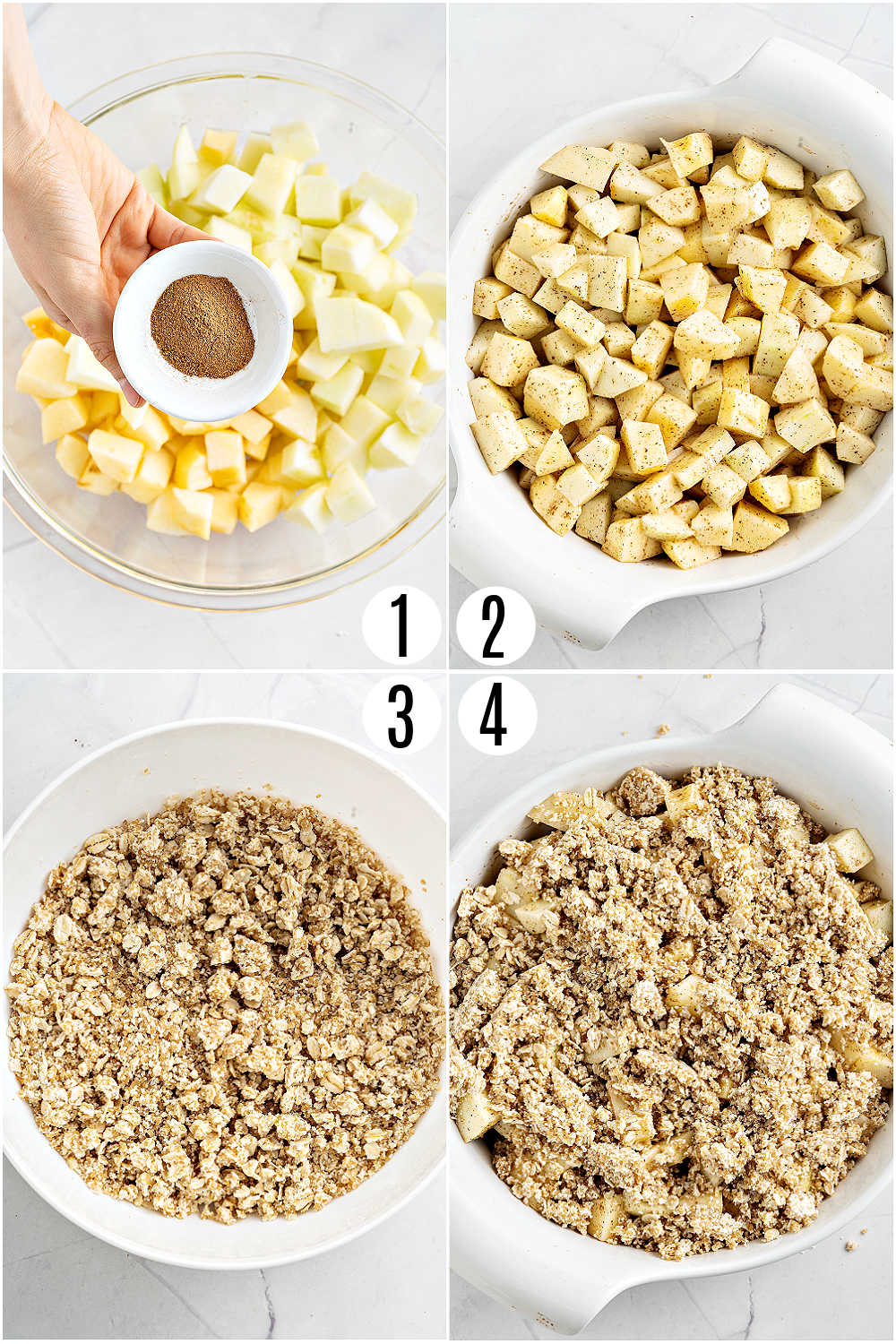 Step by step photos showing how to make apple crisp.