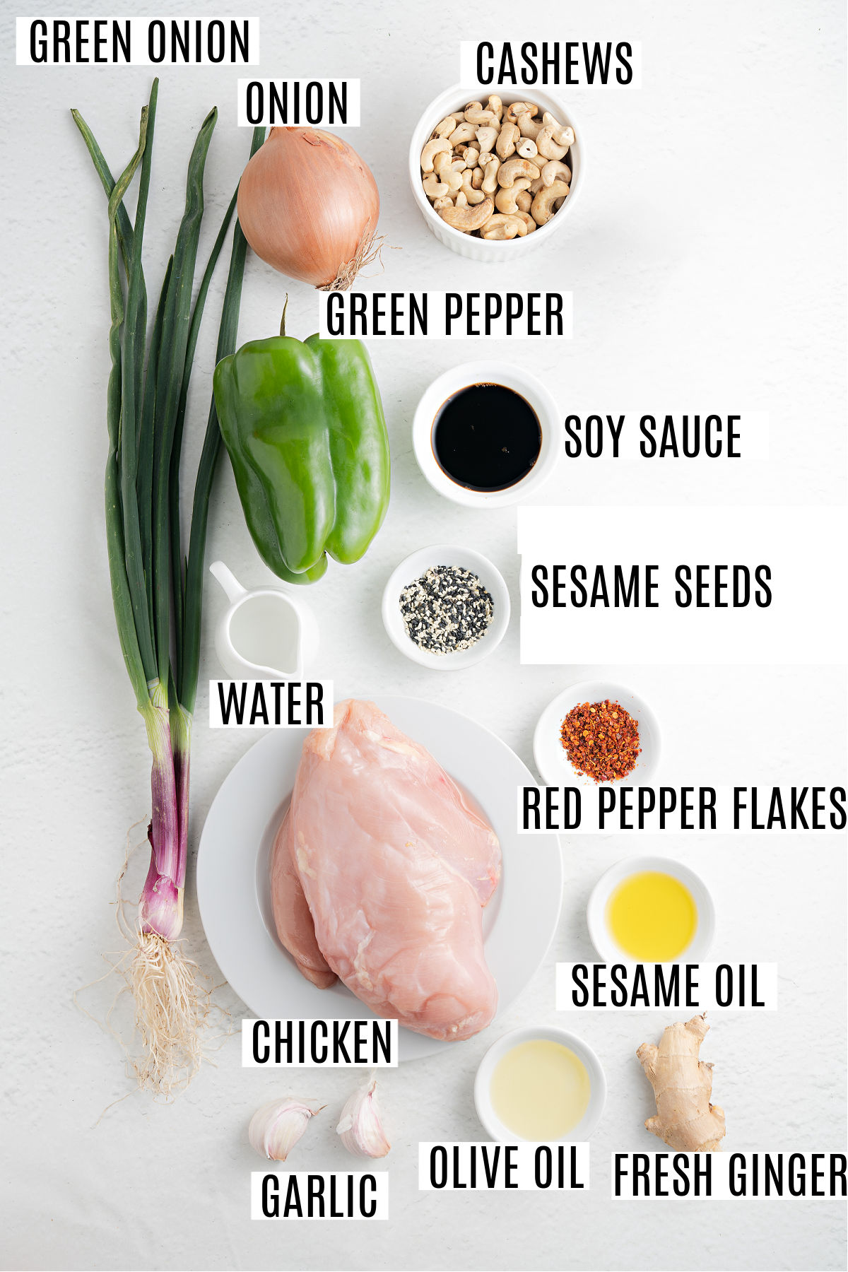 Ingredients needed to make cashew chicken.