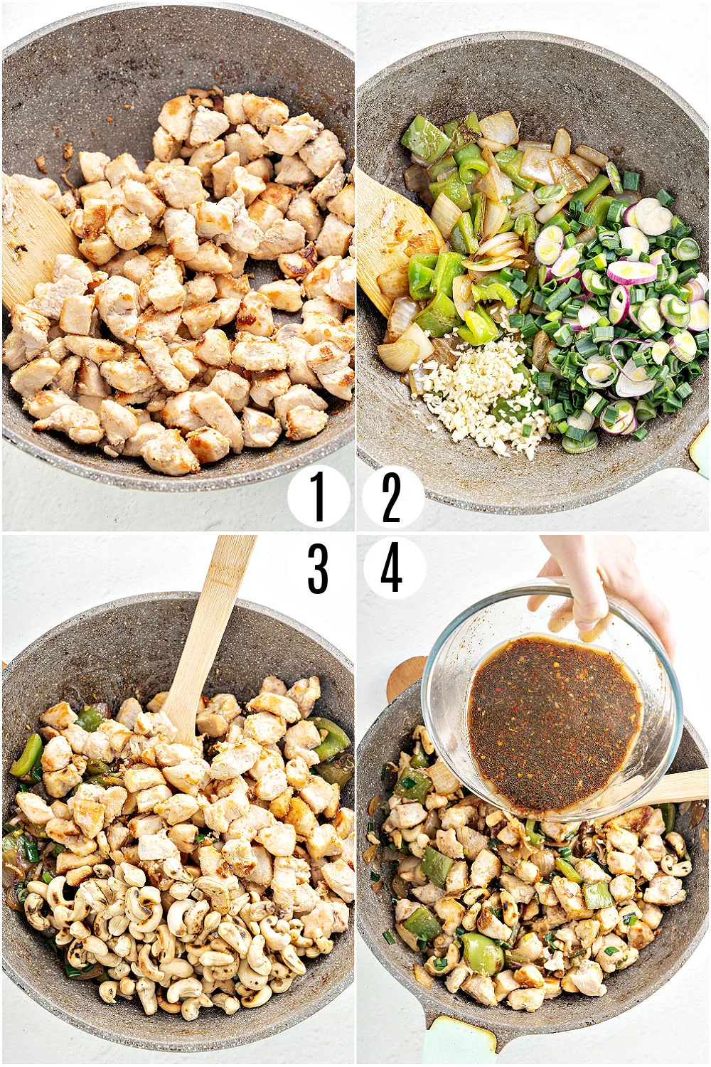 Step by step photos showing how to make gluten free cashew chicken.