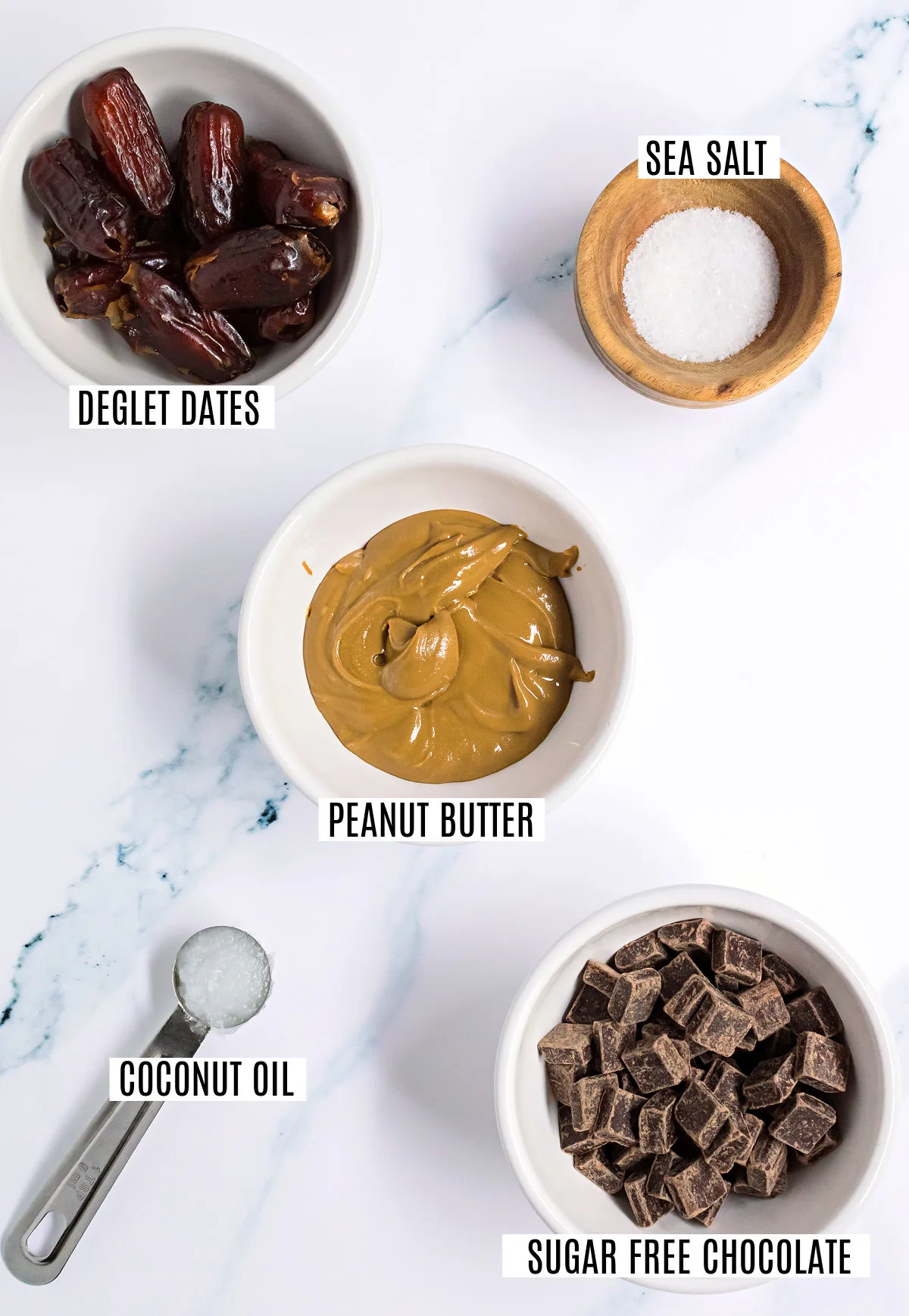 Ingredients needed to make chocolate covered dates with peanut butter.