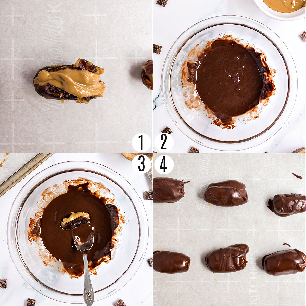 Step by step photos showing how to make chocolate dates.