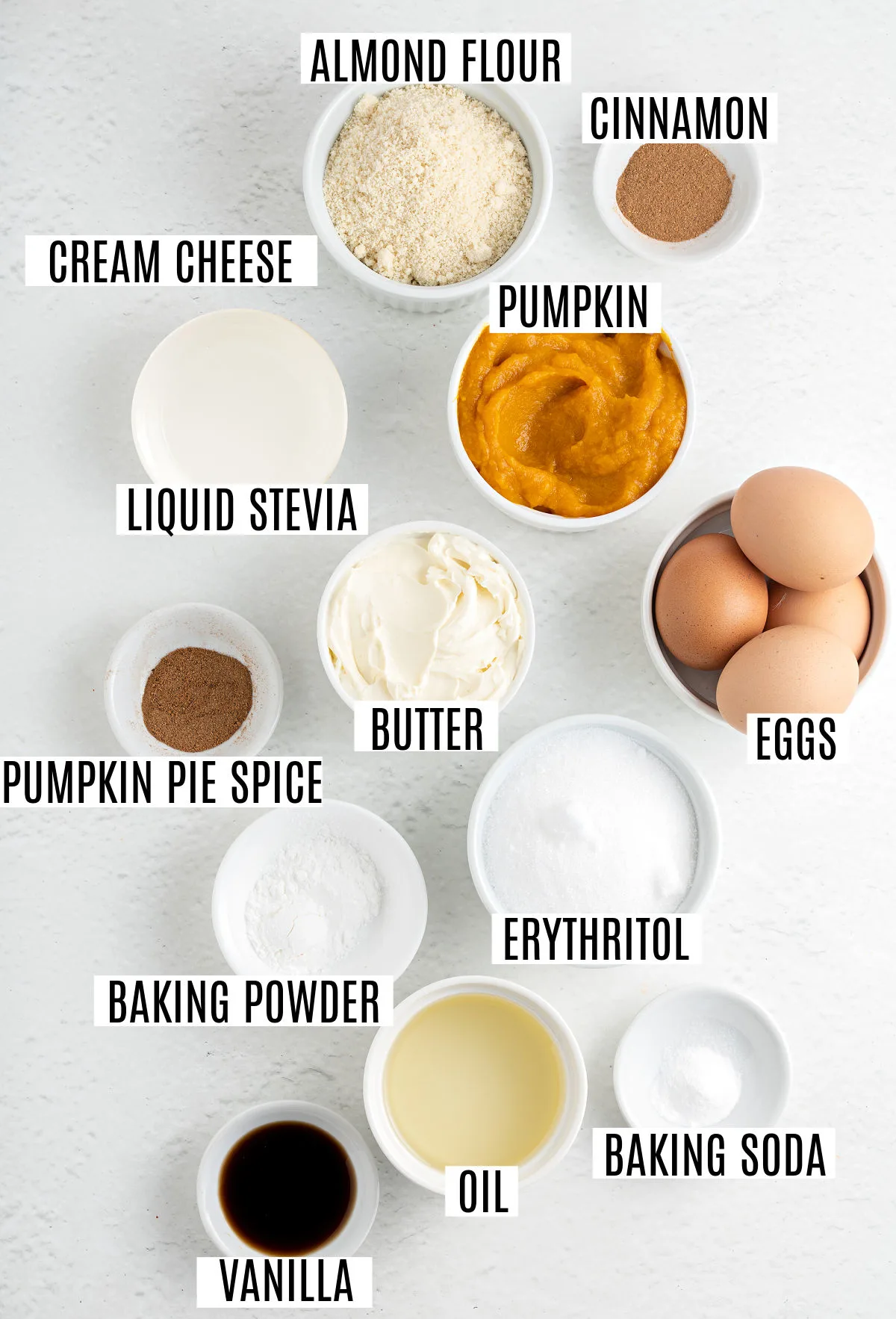 Ingredients needed to make sugar free pumpkin cupcakes.