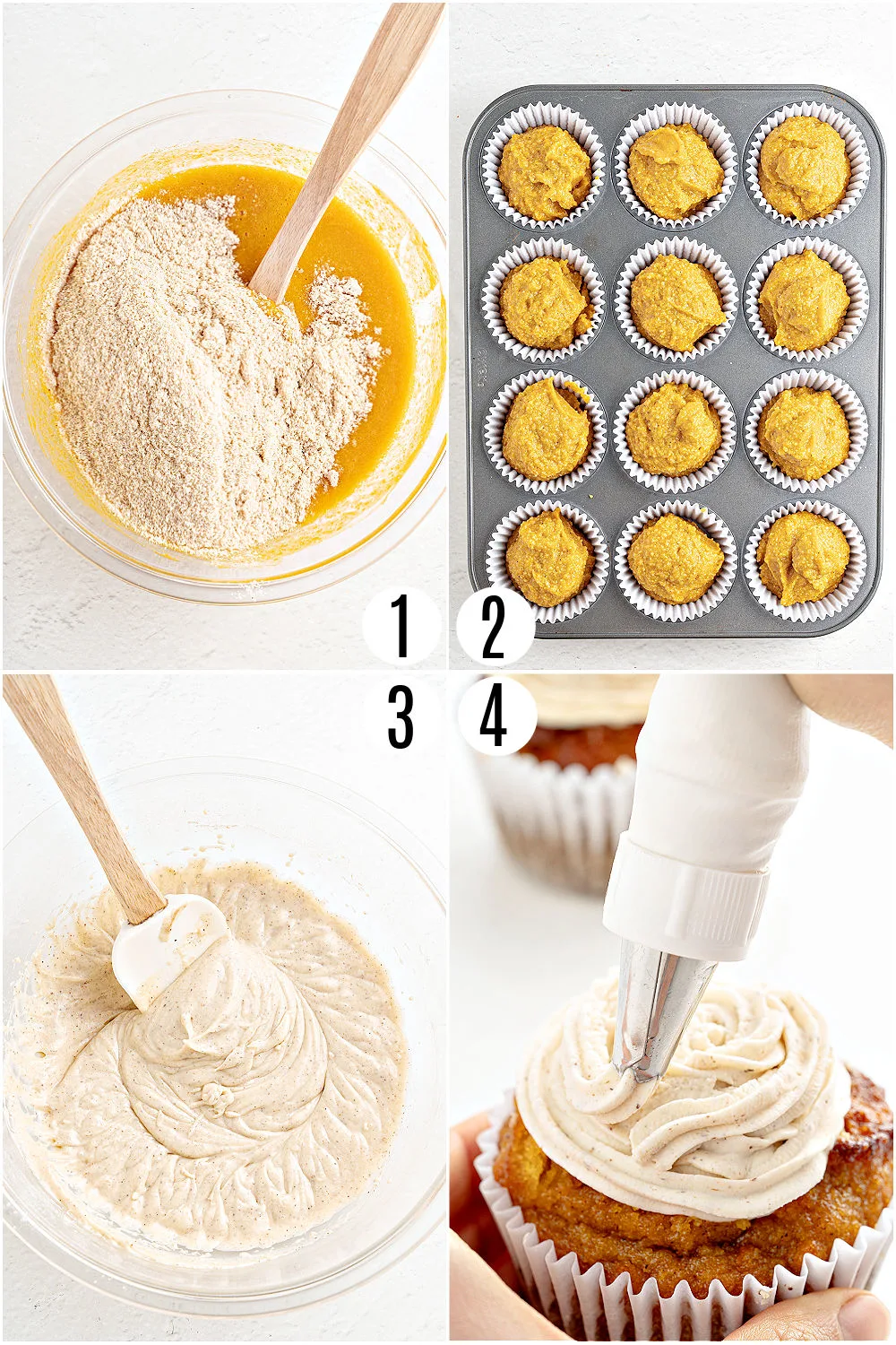 Step by step photos showing how to make keto pumpkin cupcakes.