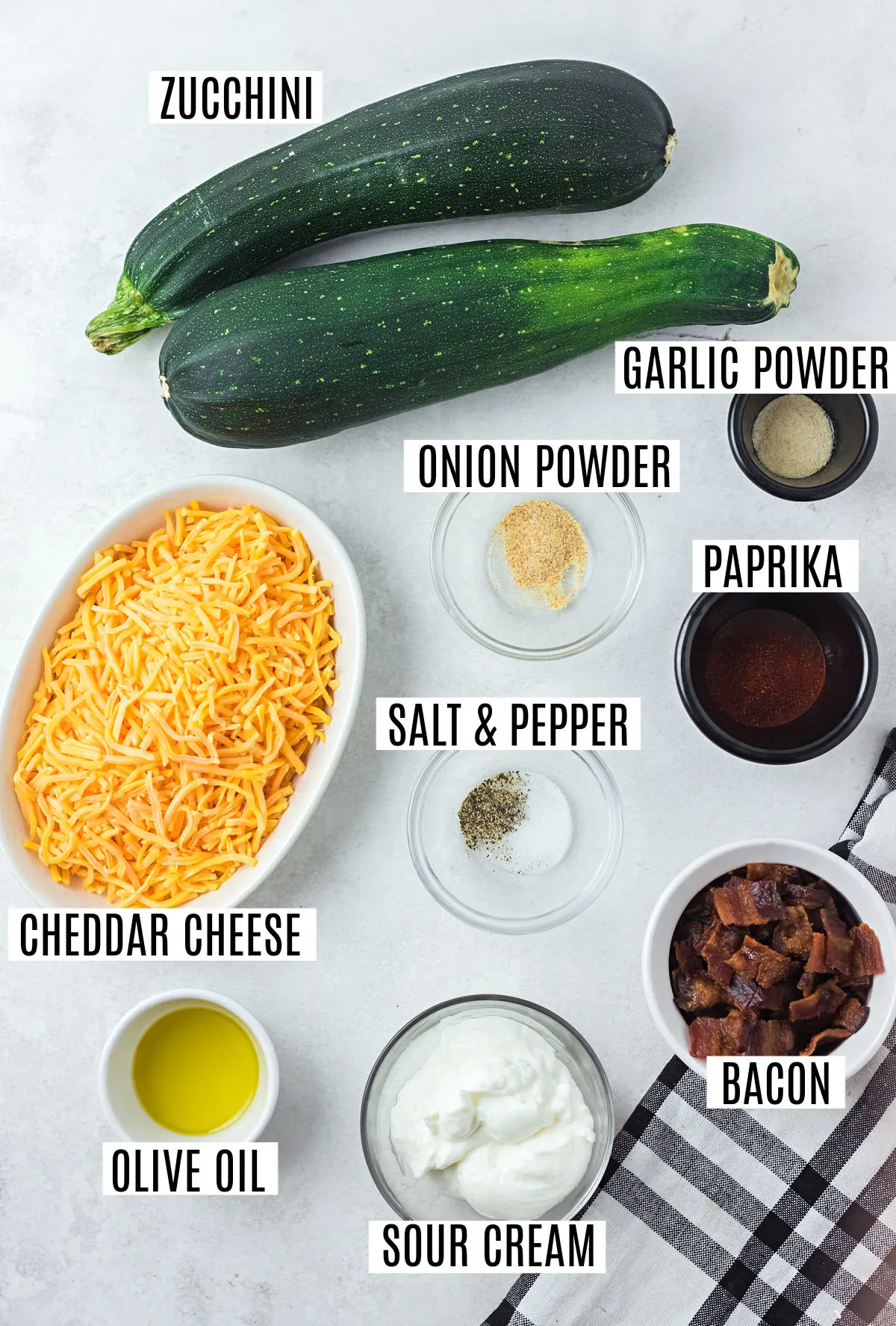 Ingredients needed to make loaded zucchini skins.