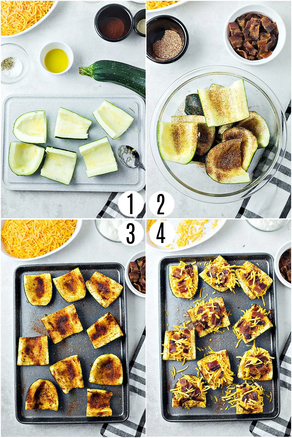 Step by step photos showing how to make zucchini with toppings.