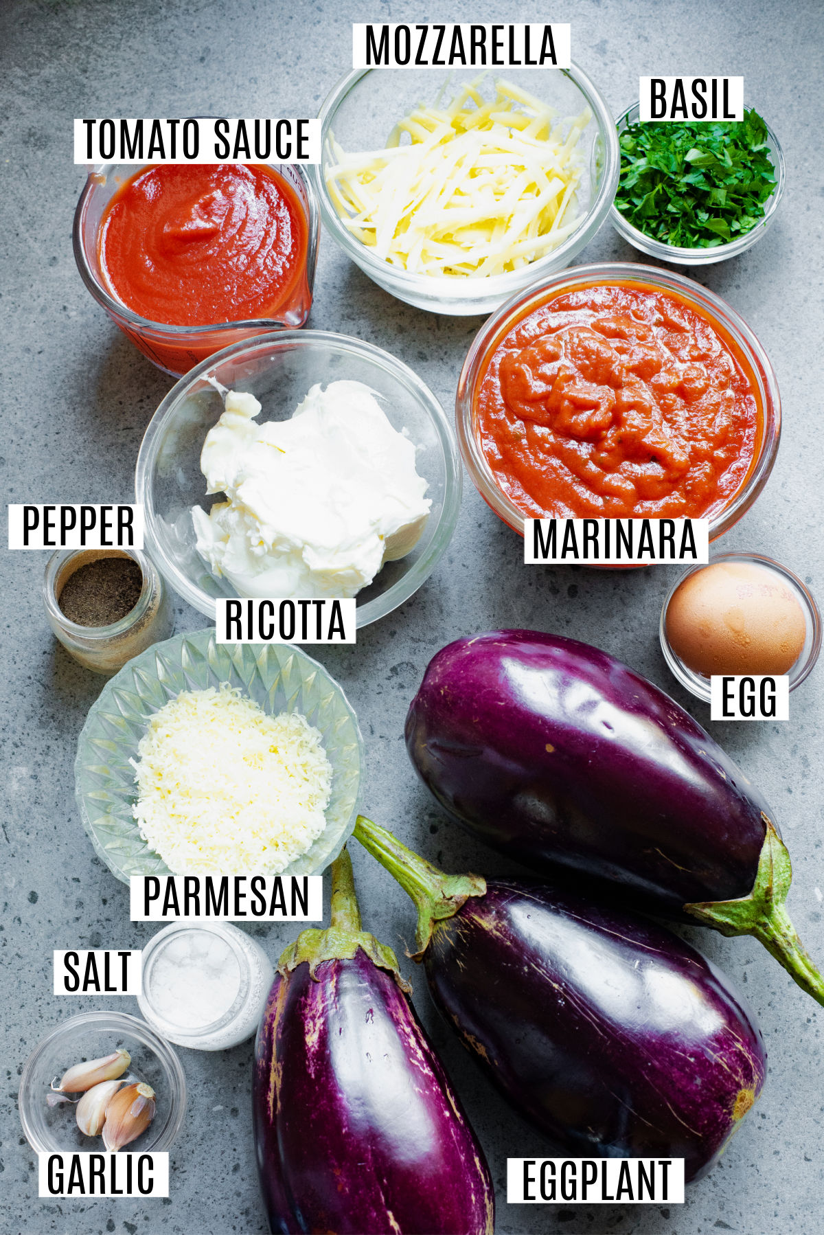 Ingredients needed to make eggplant rollatini.