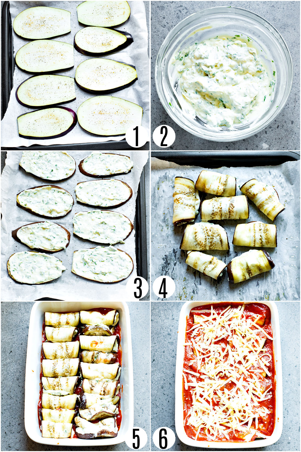 Step by step photos showing how to make eggplant rollatini.