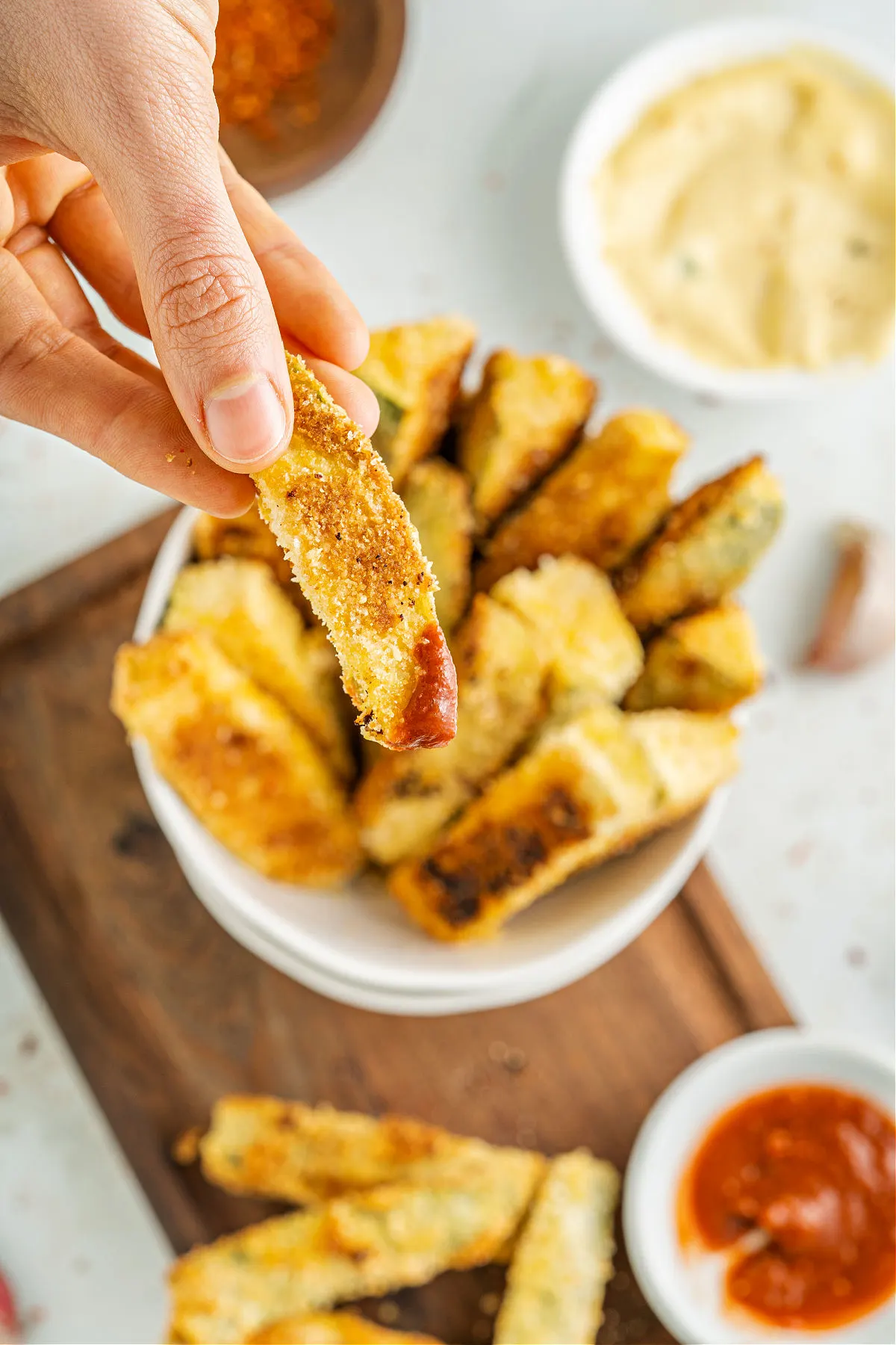 Zucchini fries dipped in sugar free ketchup.