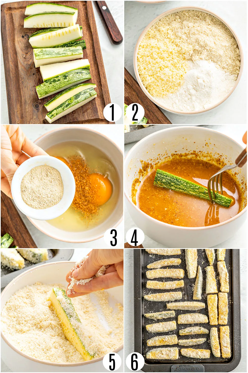 Step by step photos showing how to make zucchini fries.